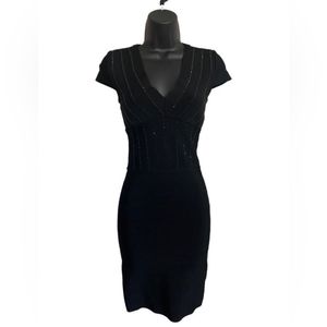 bebe Sexy Dress Bodycon Style Back-Zip Rhinestone Size S/P Black Rayon Nylon